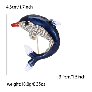 Broche dauphin en émail bleu avec strass blancs, accessoire de mode de 4,3 cm x 3,9 cm