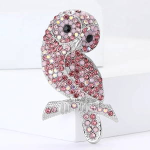 Spilla civetta scintillante in lega d'argento con strass rosa e viola per uomo e donna