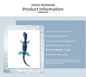 Detail view of colorful enamel gecko brooch showing dimensions 94mm by 33mm and weight 15.9g