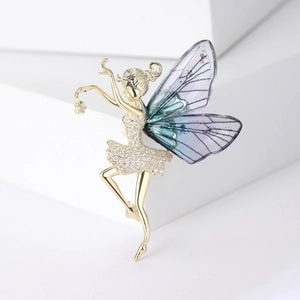Broche fée papillon élégante en or avec zircons et ailes dégradées violettes