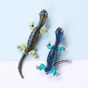 Vintage Alloy Enamel Gecko Lizard Brooch Fashion Animal Rhinestone Breastpin Personalized Clothing Accessory For Women Gift