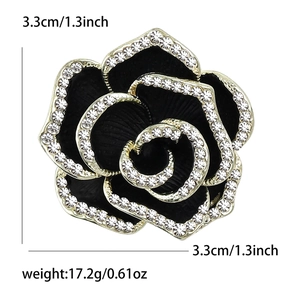 Broche camélia élégante en émail noir avec strass blancs pour vestes et chandails