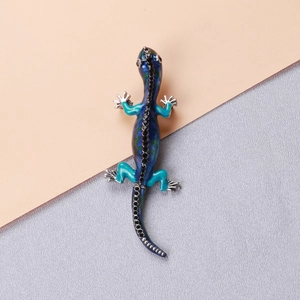 Exaggerated lizard brooch in blue and green enamel with sparkling black rhinestones