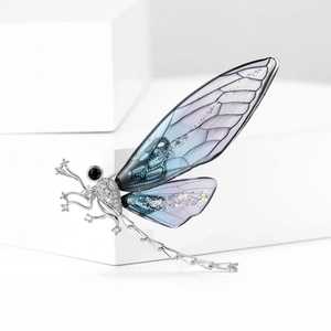Luxury copper dragonfly brooch with blue-purple gradient wings and white zircon stones