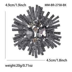 Detailed view of hollow firework alloy brooch with grey crystals and dimensions info