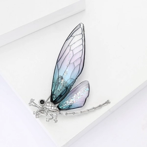 Exquisite silver dragonfly brooch with blue-purple gradient wings and micro-paved zircons