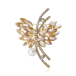 Luxus Legierung Champagner Kristall Blume Blatt Brosche Mit Weißer Kunstperle Strass Pin Für Hochzeit Party Damen Schmuck
