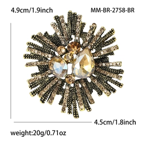 Vintage hollow fireworks shaped alloy brooch with amber crystals and measurement labels