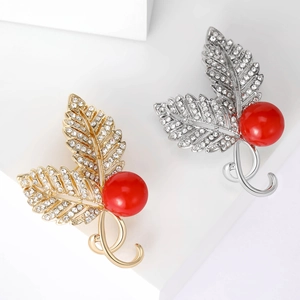 Elegant Leaf Brooch Pin Alloy With Clear Rhinestones And Red Imitation Artificial Pearl Fashion Jewelry Accessory For Women
