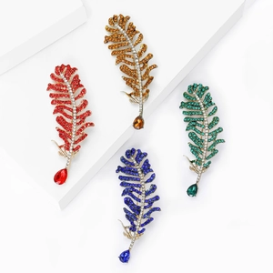 Vintage alloy feather brooches with colorful rhinestones and pear-shaped crystal pendants