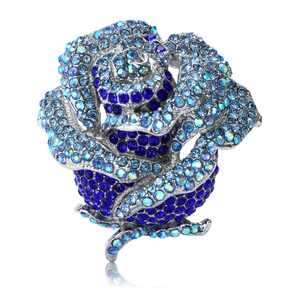 Luxueuse Broche Rose en Alliage avec Strass pour Femmes Épingle à Fleurs Vintage Bleu Rose Cristal Incrusté Bijoux de Mariage et de Banquet