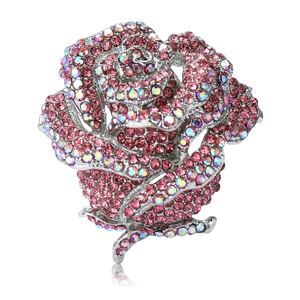 Broche de fleur rose luxueuse avec strass roses et AB sur une base en métal argenté