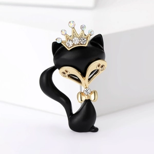 Eleganter Mattschwarz Fuchs Brosche Mit Goldener Krone Bunten Strasssteinen Legierung Tier Anstecknadel Für Damen Mode Schmuck