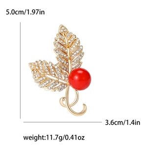 Luxurious gold leaf brooch with red pearl and micro-pave cubic zirconia crystals