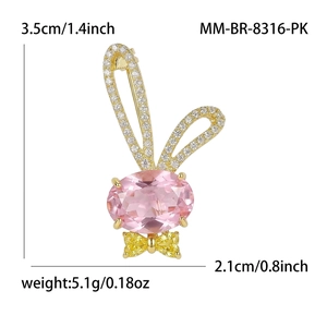Broche lapin mignonne avec cristal rose et strass blancs, taille 3,5cm sur 2,1cm