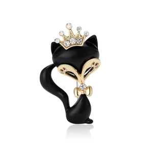 Eleganter mattschwarzer Katzen-Anstecknadel mit goldener Krone und funkelnden Strass