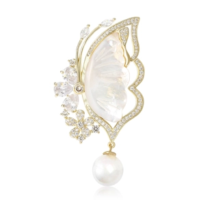 Luxury Butterfly Brooch Copper Zirconia Inlaid Mother Of Artificial Pearl Flower Pin With Artificial Pearl Pendant Elegant Women Jewelry Accessory