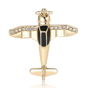 Vintage gold alloy airplane brooch with sparkling zircons and black enamel details