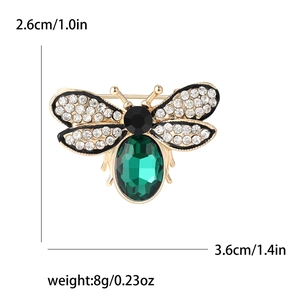 Golden honey bee brooch with crystals and green gemstone, dimensions 2.6cm by 3.6cm