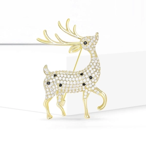 Broche renne dorée scintillante avec zircons cubiques pavés au design élégant