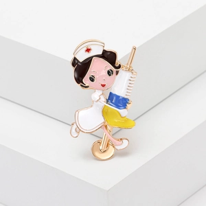 Cartoon nurse alloy brooch with syringe design and colorful enamel finish on white steps