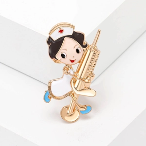 Cute cartoon nurse alloy brooch with golden syringe detail and colorful enamel finish