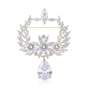 Elegant Copper Zirconia Olive Branch Wreath Brooch Luxury Micro Inlaid Floral Corsage Water Drop Pendant Pin For Women Coat Suit