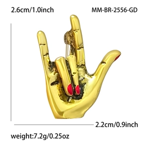 Creative gold-plated rock hand gesture brooch with red nails and product dimensions