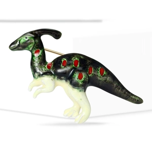 Πράσινη καρφίτσα δεινόσαυρος Parasaurolophus σμάλτο με κόκκινες κηλίδες για ζακέτες