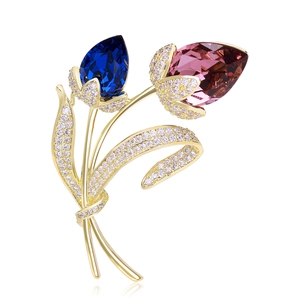 Broche tulipe élégante en or avec pierres bleues et roses et accents de cristaux