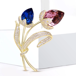 Luxueuse Broche Tulipe en Cuivre Plaqué Or Véritable Avec Zircon et Cristal Épingle Florale pour Femme Mariage Banquet Bijoux