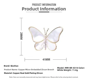 Detail view showing elegant butterfly brooch dimensions 41mm by 28mm in gold plating