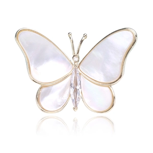 Elegant butterfly brooch with natural white shell wings and sparkling zircon crystal inlay