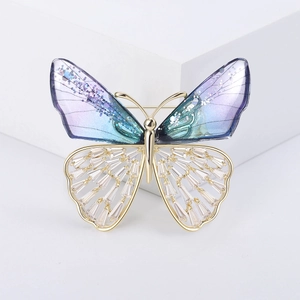 Elegant crystal butterfly brooch with purple gradient wings and gold metal plating