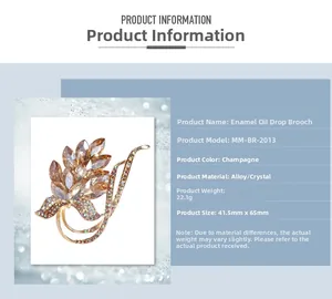 Detailed size specifications of the champagne enamel leaf brooch with rhinestones