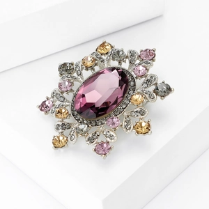 Vintage oversized flower brooch with purple crystal and colorful rhinestones in silver finish