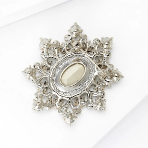Vintage oversized silver brooch with crystal glass and snowflake filigree back view