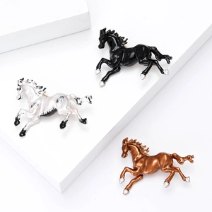 Detailed collection of elegant horse lapel pins in black white and metallic brown enamel