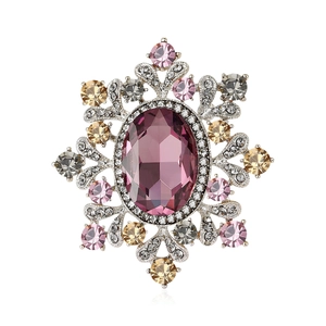 Vintage Oversized Luxury Flower Brooch Pin For Women Silver Plated Copper With Purple Oval Glass Rhinestone Inlaid Retro Fashion Jewelry Accessory