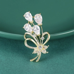 Elegant Copper Zirconia Flower Bouquet Brooch For Women Sparkly Crystal Ribbon Bow Corsage Pin Wedding Banquet Jewelry Gift