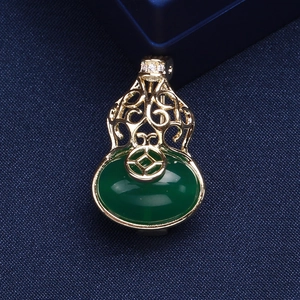 Vintage Chinese Style Hollow Gourd Brooch Copper Real Gold Plated Green Stone Inlaid Zirconia Brooches For Women Jewelry Gift