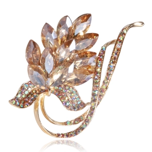 Vintage Alloy Rhinestone Leaf Brooch For Women Champagne Amber Crystal Enamel Pin Gold Plated Fashion Jewelry Accessories