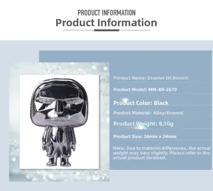 Detailed view of enamel mask brooch with 36mm by 24mm dimensions and alloy material