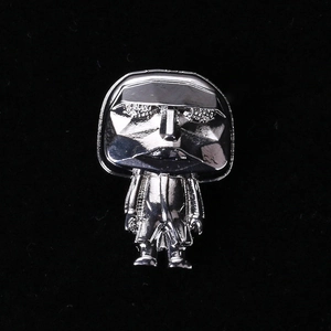 Polished silver alloy game character brooch featuring a geometric faceted mask design