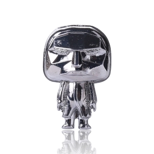 Detailed close-up of a silver-toned mini mask figure brooch with metallic finish