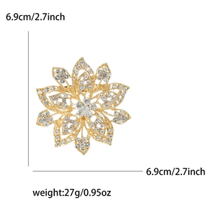 Detailed view of luxury flower brooch with rhinestones showing dimensions 6.9cm and weight 27g