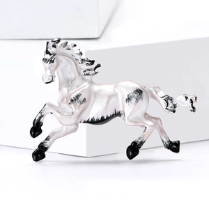 Elegant white enamel horse brooch for men suit with a dynamic running pose design