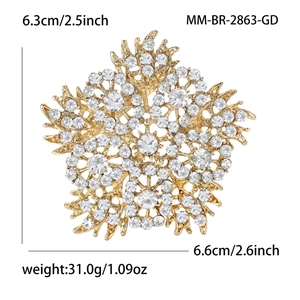 Detailed dimensions of the gold alloy sunflower brooch with rhinestones: 6.3cm by 6.6cm