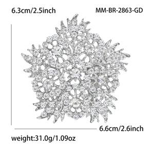 Detailed close-up showing dimensions of an elegant rhinestone flower brooch for women