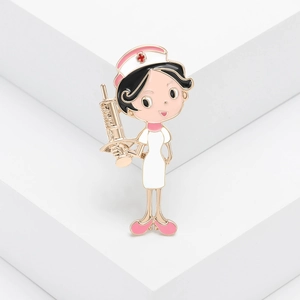Cartoon nurse alloy enamel brooch featuring a medical syringe and pink cross nurse cap